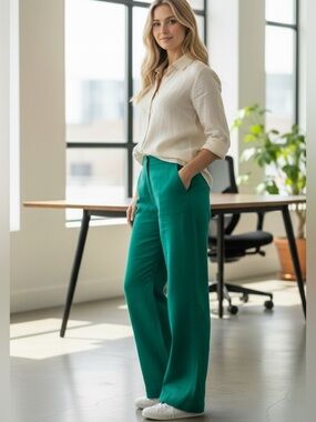 Anthropologie Level99 Linen Trouser in Kelly Green Minimalist Chic Women's 29